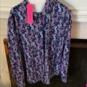 Lilly Pulitzer Sea View Button Down in Navy and Pink